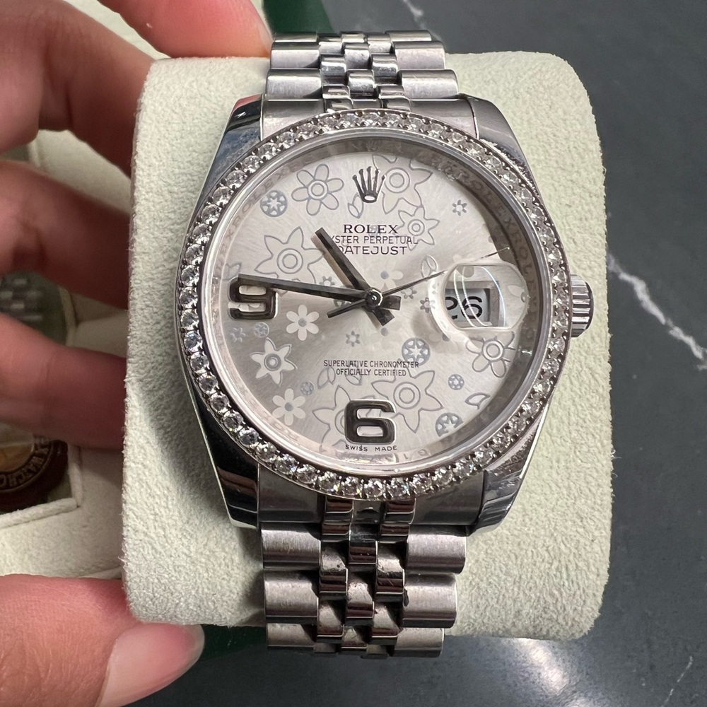 Rolex Oyster Perpetual Datejust Diamond Bezel & Silver Floral Dial